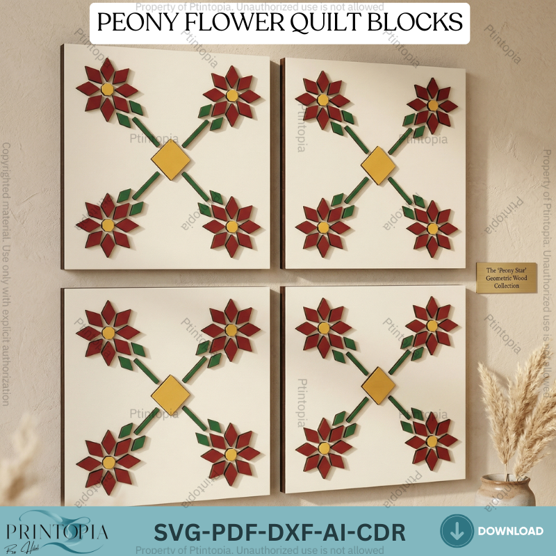 Geometric Peony Flower Barn Quilt Block Pattern Laser Cut Wood Art Floral Wall Decor 340