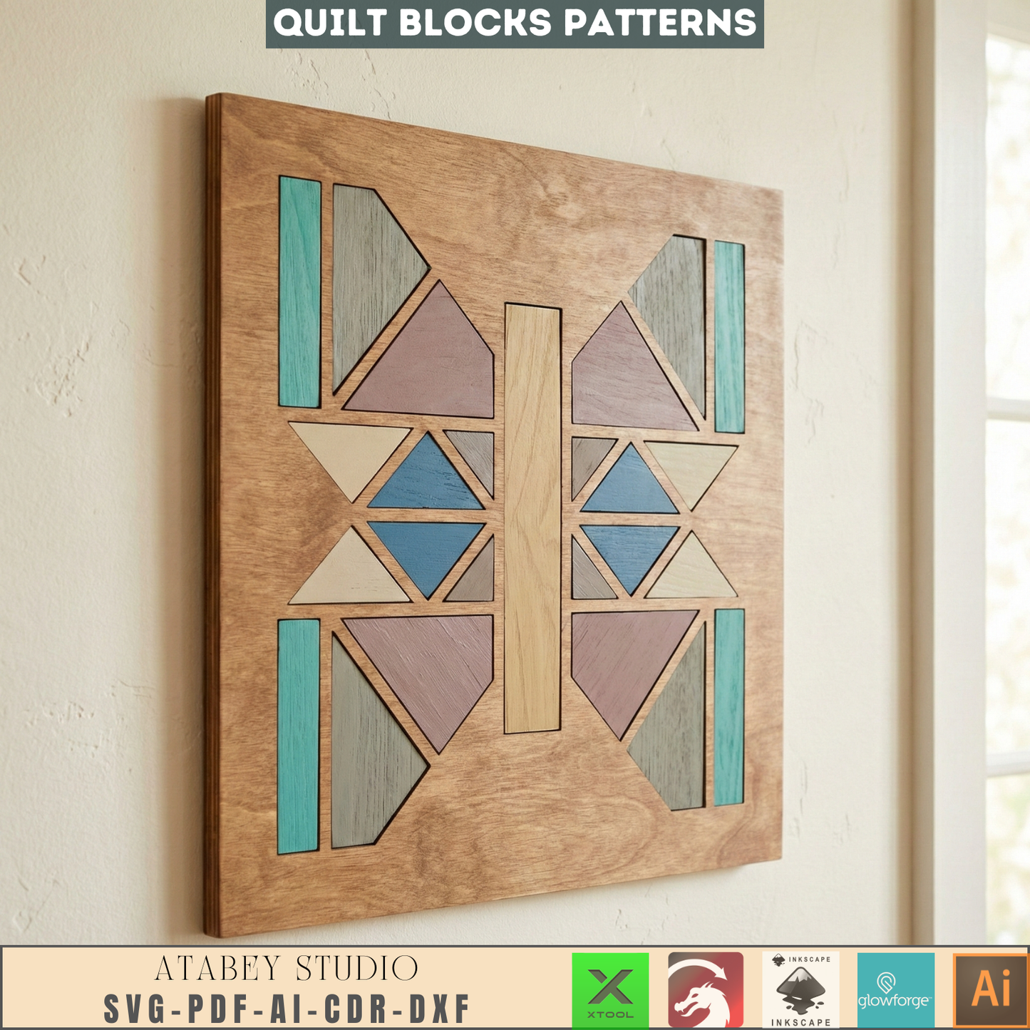 Geometric Quilt Block Wall Art Laser Cut Design Modern Farmhouse Wood Heart Butterfly Potted Flower 988
