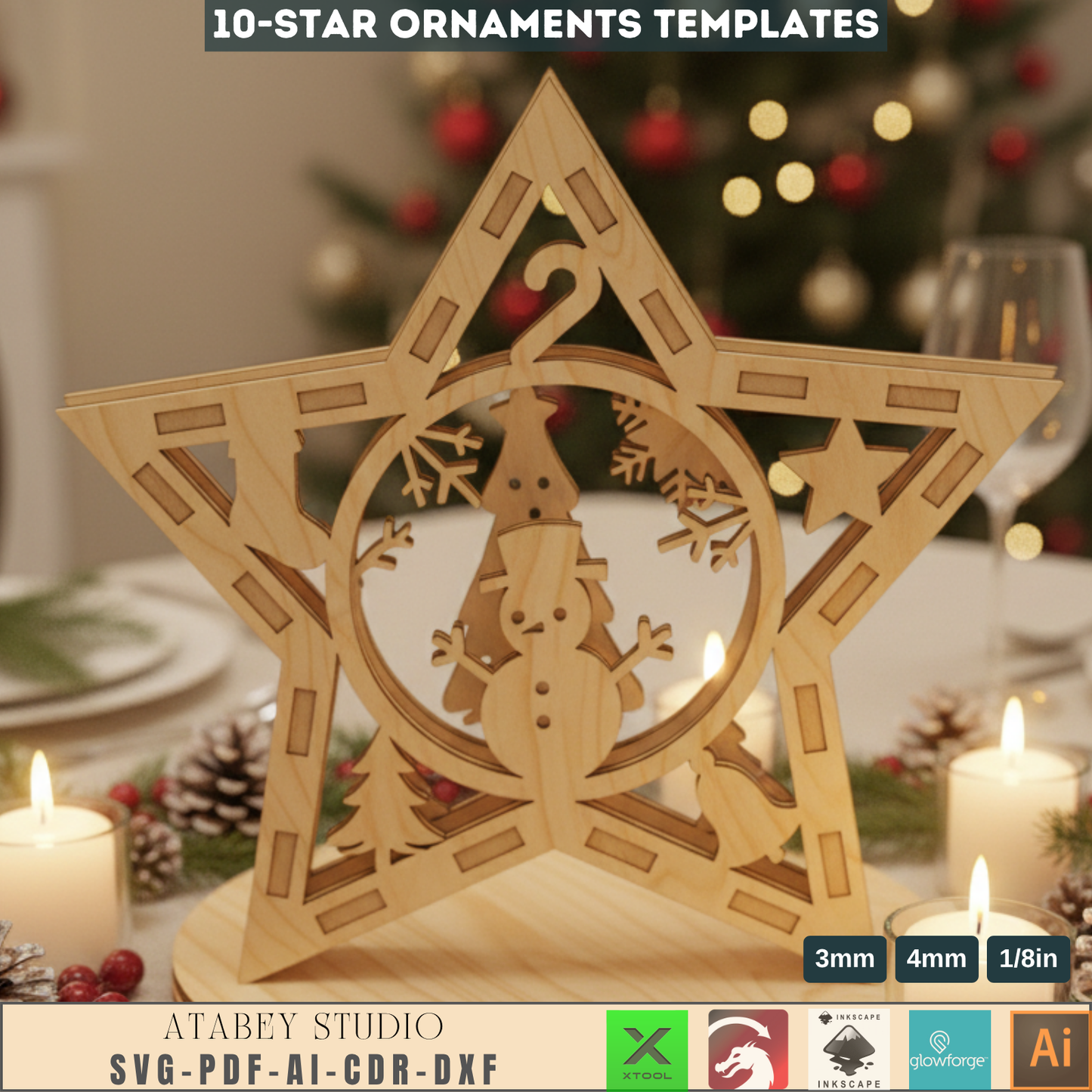 3D Christmas Star Ornament Laser Cut Files for Wood & Acrylic Holiday Tree Decorations 959