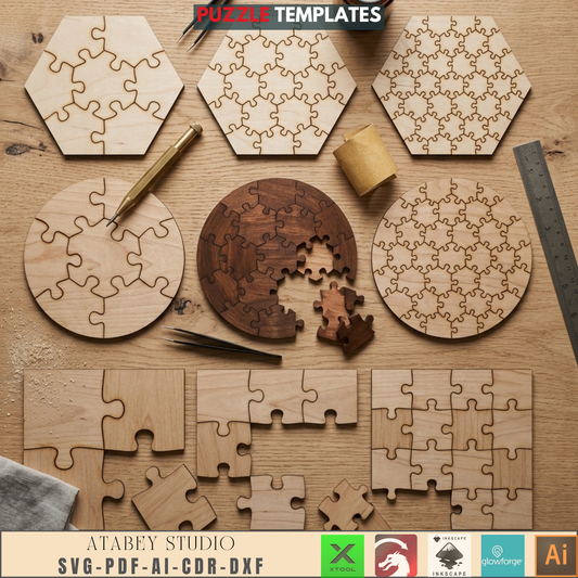 Wooden Laser Cut Jigsaw Puzzle Templates Circle Hexagon Square Shapes Bundle