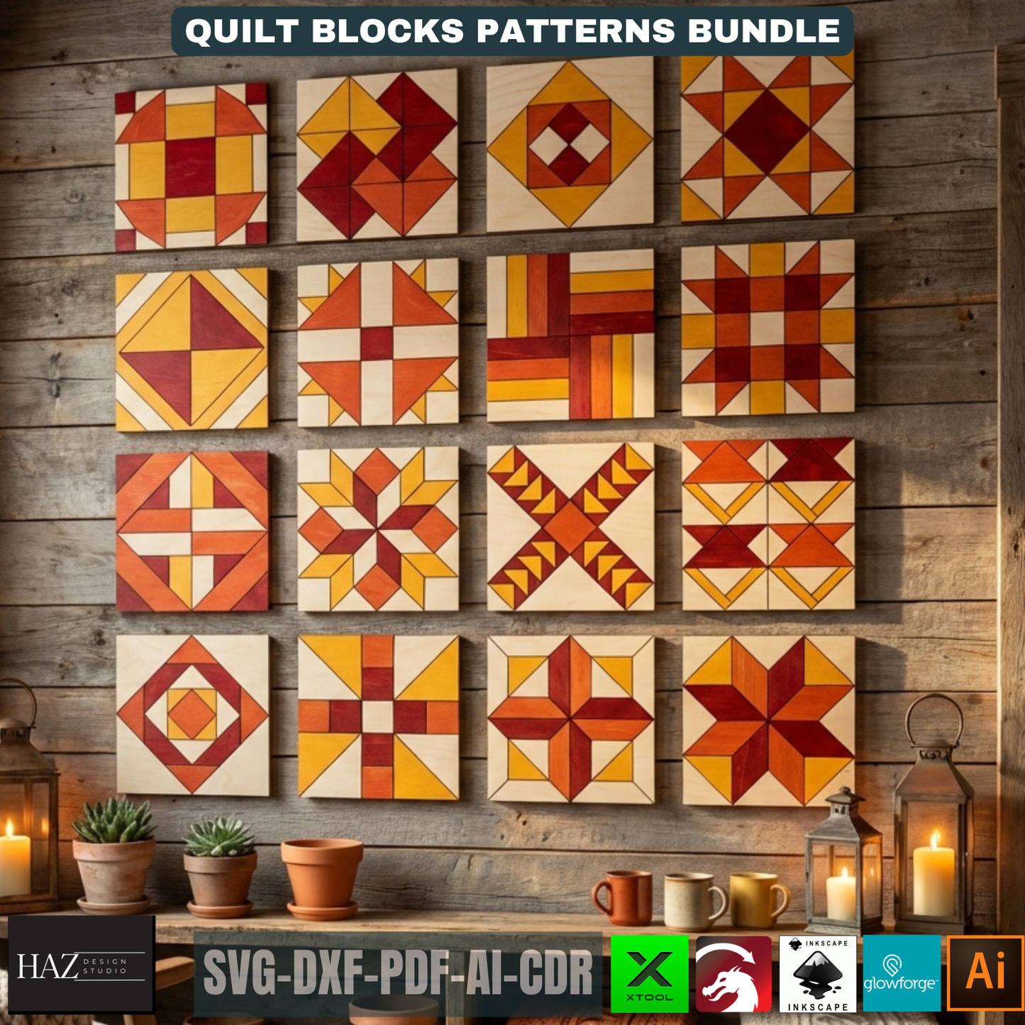 Geometric Barn Quilt Block Pattern Bundle, Wooden Wall Art Laser Cut Template, Modern Mosaic Home Decor 517