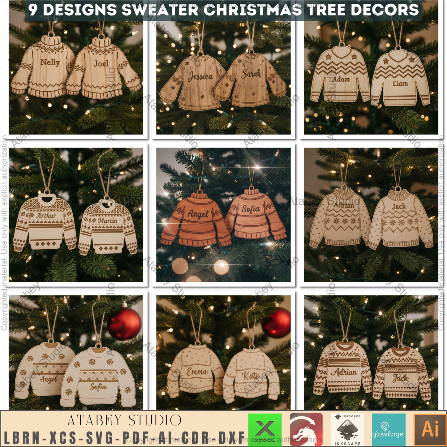 Personalized Ugly Sweater Christmas Ornament Bundle | Family Name Laser Cut Templates | DIY Xmas Decor 971