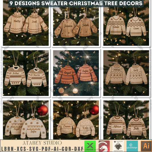 Personalized Ugly Sweater Christmas Ornament Bundle | Family Name Laser Cut Templates | DIY Xmas Decor 971