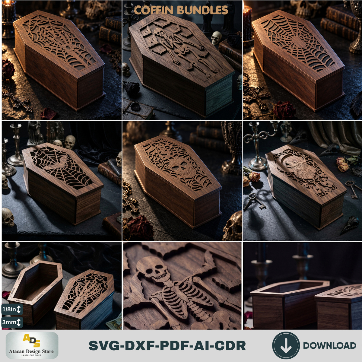 Gothic Coffin Box Laser Cut Bundle, Halloween Wooden Keepsake Casket Template, Spooky Trick or Treat 979
