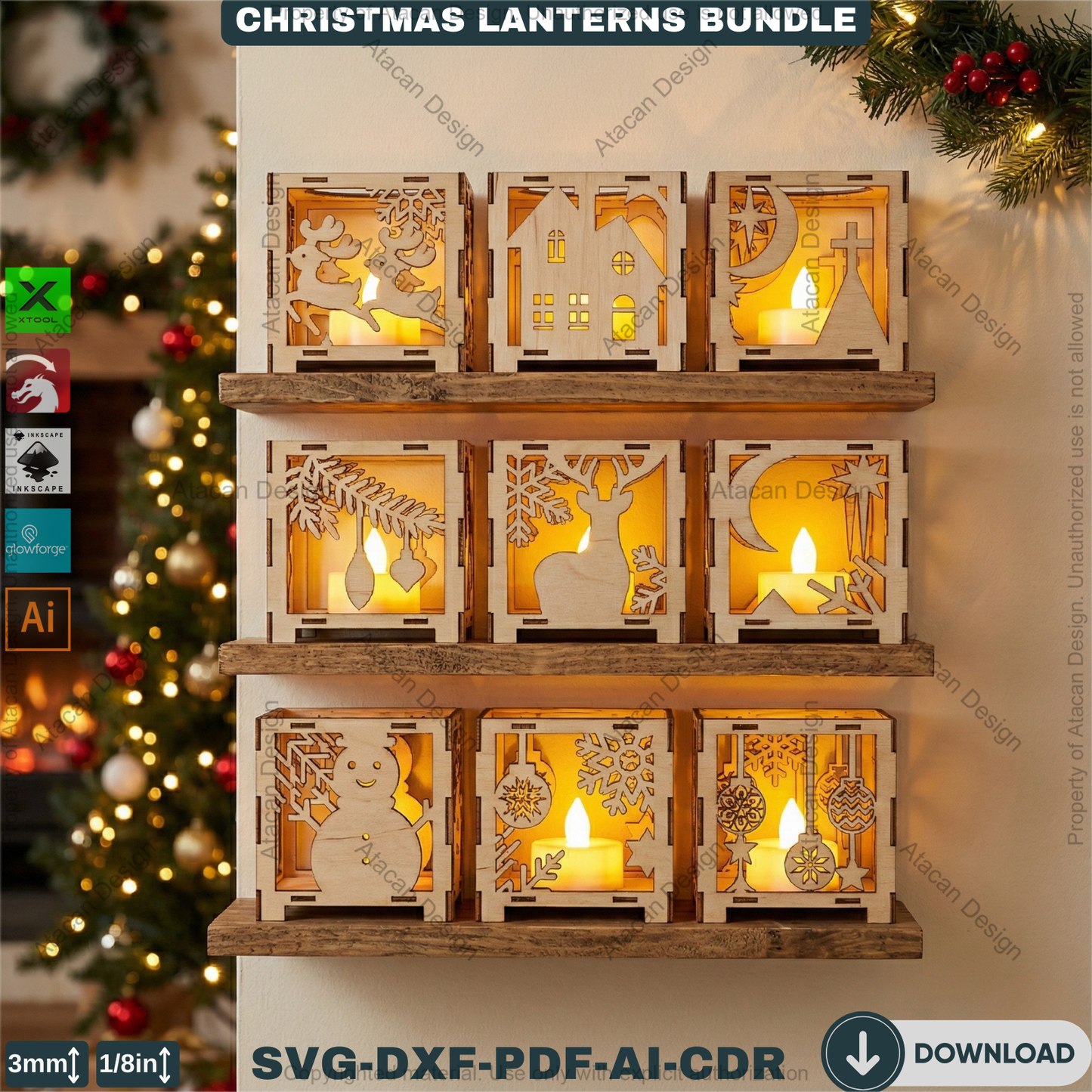 Christmas Lantern Laser Cut Bundle, Wooden Tealight Holder, Xmas Candle Box, Winter Decor, Reindeer Snowman Template 927