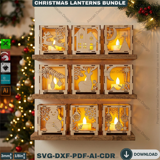 Christmas Lantern Laser Cut Bundle, Wooden Tealight Holder, Xmas Candle Box, Winter Decor, Reindeer Snowman Template 927