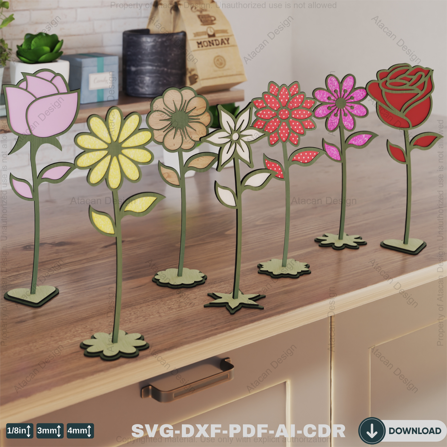 Wooden Stand Flowers Laser Cut Design | Decorative Wildflower Vector for Glowforge,Wildflower Decorative Stand Template 820