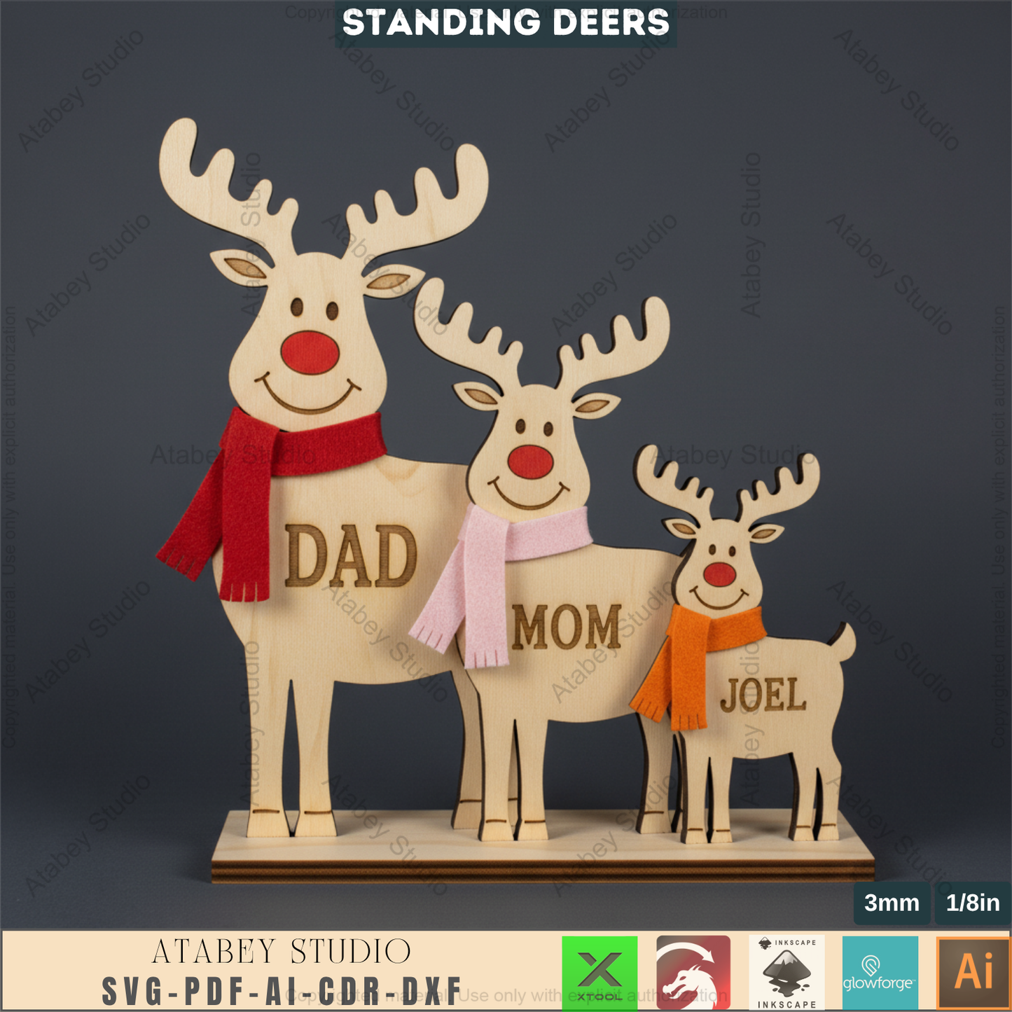Personalized Reindeer Family Laser Cut Design, Freestanding Christmas Deer Decor, Custom Name Tabletop Sign 970