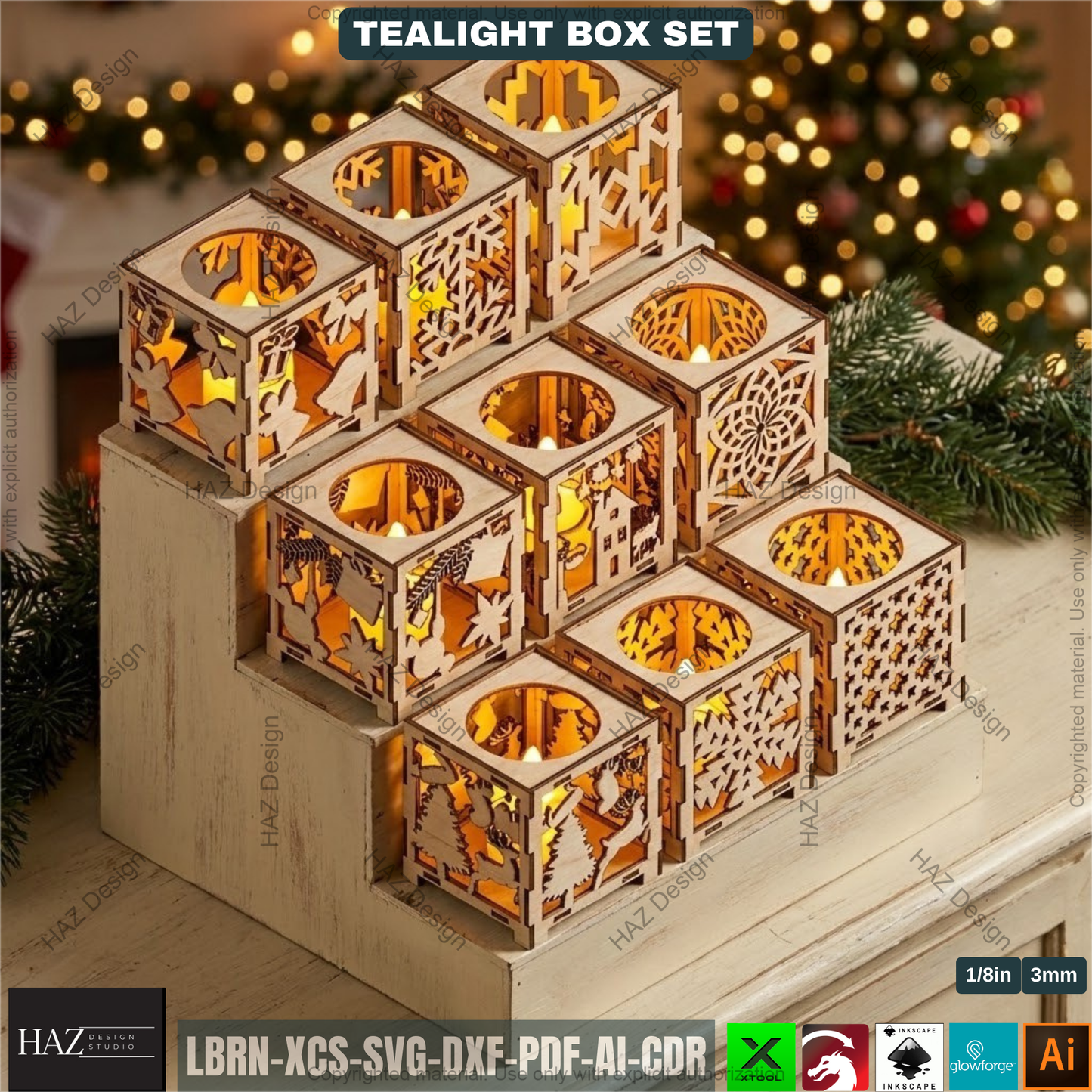 Tealight Holder Set Laser Cut Files, Christmas Candle Box Lantern, Tabletop Decor, Vector Templates 507