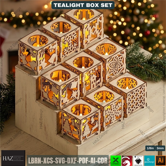 Tealight Holder Set Laser Cut Files, Christmas Candle Box Lantern, Tabletop Decor, Vector Templates 507