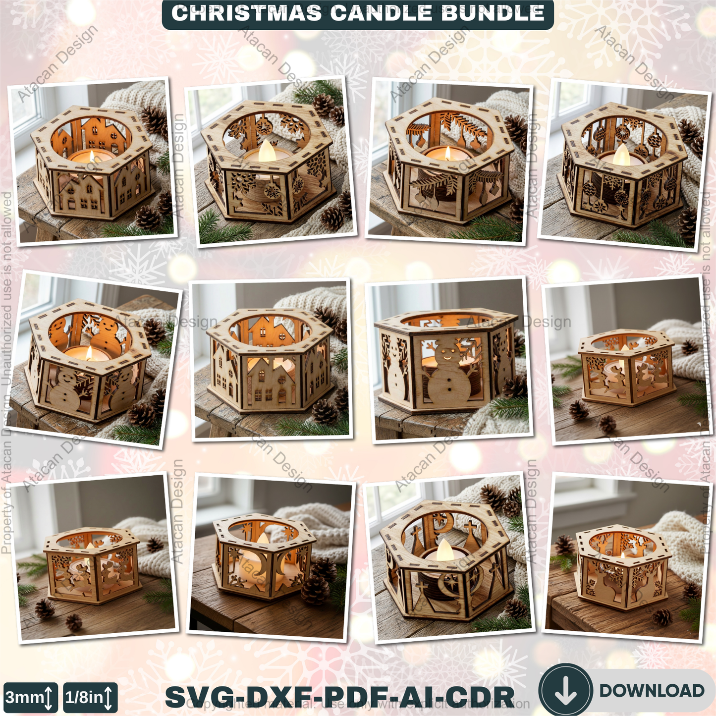 Christmas Tealight Box Bundle - Laser Cut Lantern Templates, Glowforge Xtool SVG Files 924