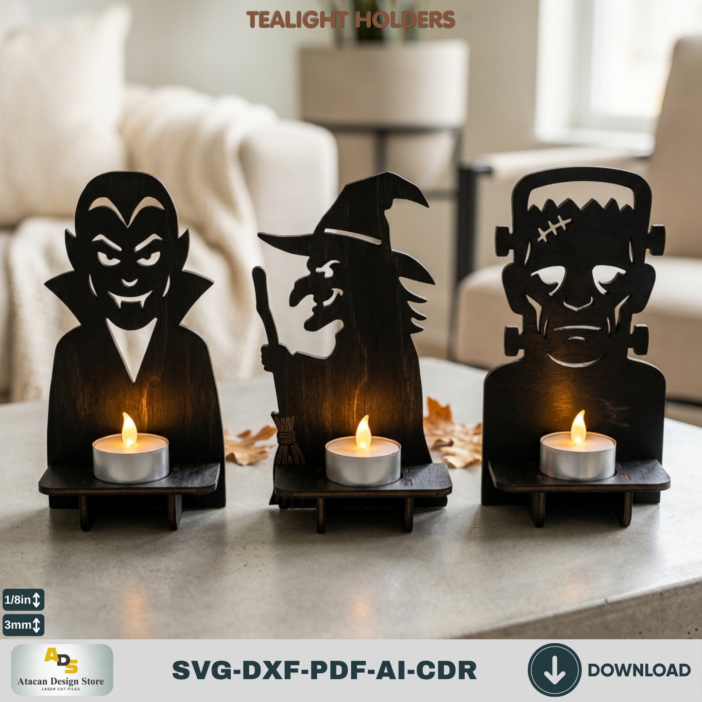 Halloween Monster Tealight Holder Laser Cut SVG Dracula Witch Frankenstein