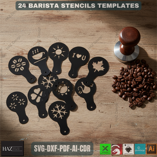 24 Coffee Stencil Set, Barista Latte Art Templates, DIY Kitchen Decor Stencils, Reusable Coffee Decorating Tools 478