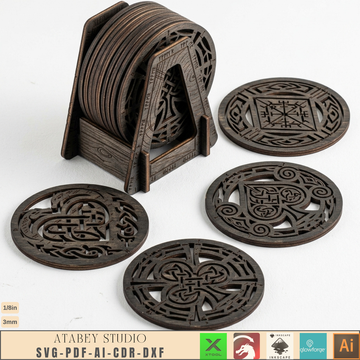 Norse Rune Poker Coasters Laser Cut File, Viking Drink Coaster Stand, Game Night Bar Gift for Him 1035