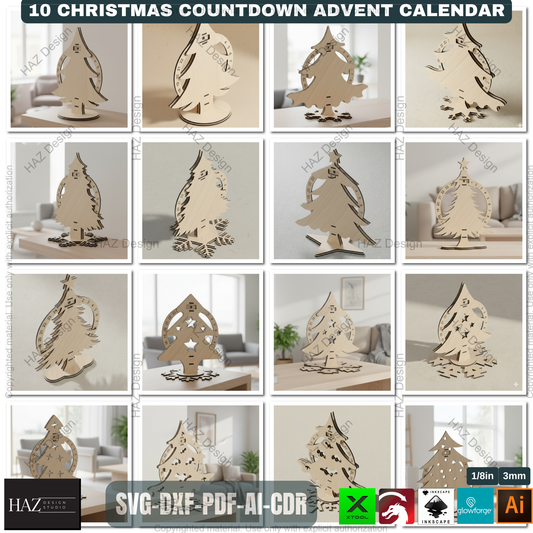 Festive Countdown Advent Calendar Laser Cut Files, Wooden Christmas Decor Template for Glowforge & Xtool, Holiday Craft Project 498