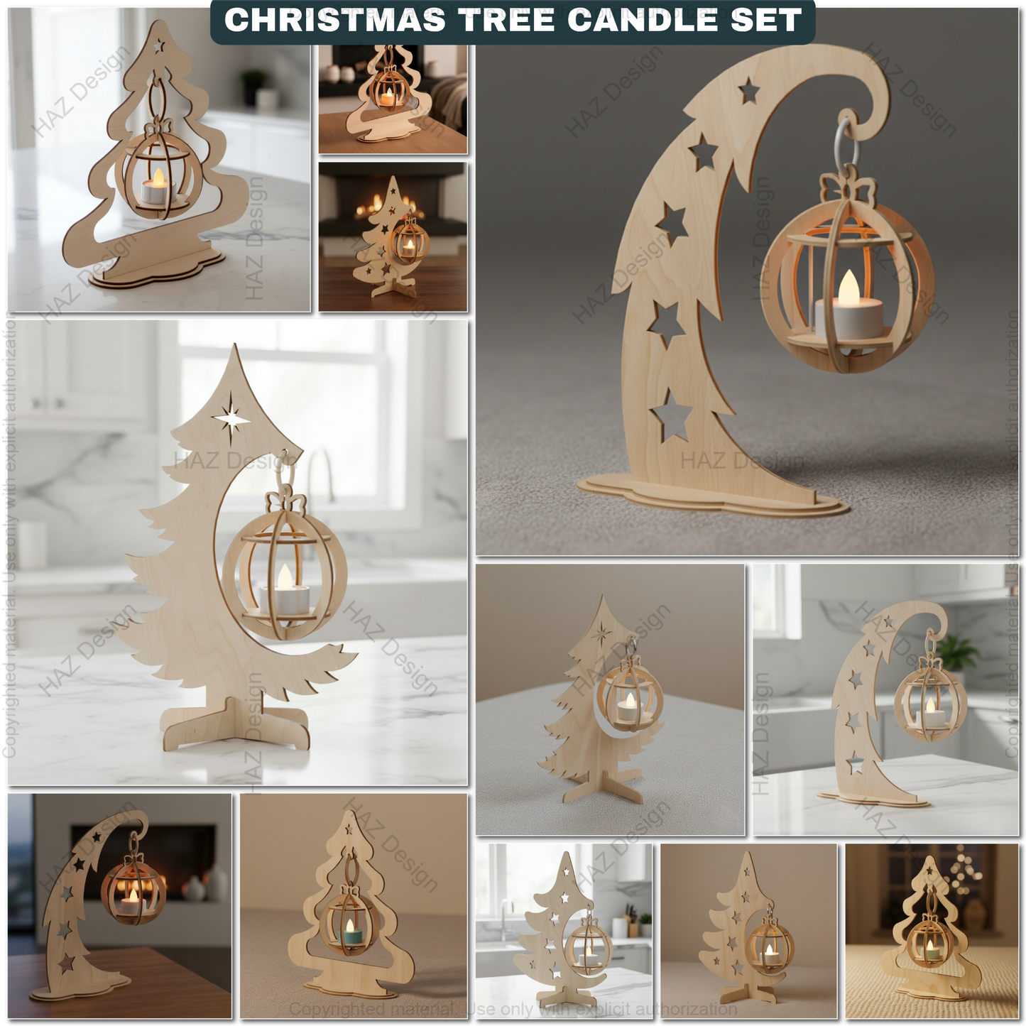 Title: Christmas Tree Tealight Holders Laser Cut Files Wooden Ornament Candle Stands Xmas Decor Templates Glowforge Xtool SVG 494