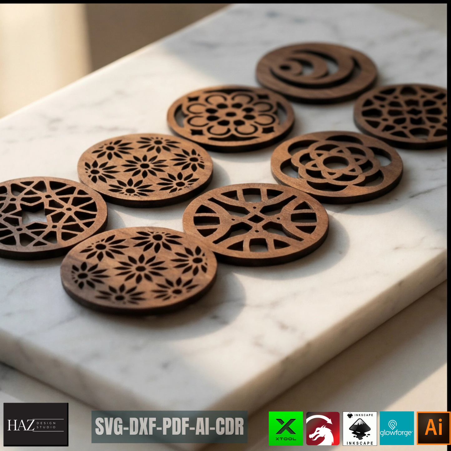 Round Coasters Laser Cut Template, Floral Wooden Drink Mat Pattern, Coaster Set Design