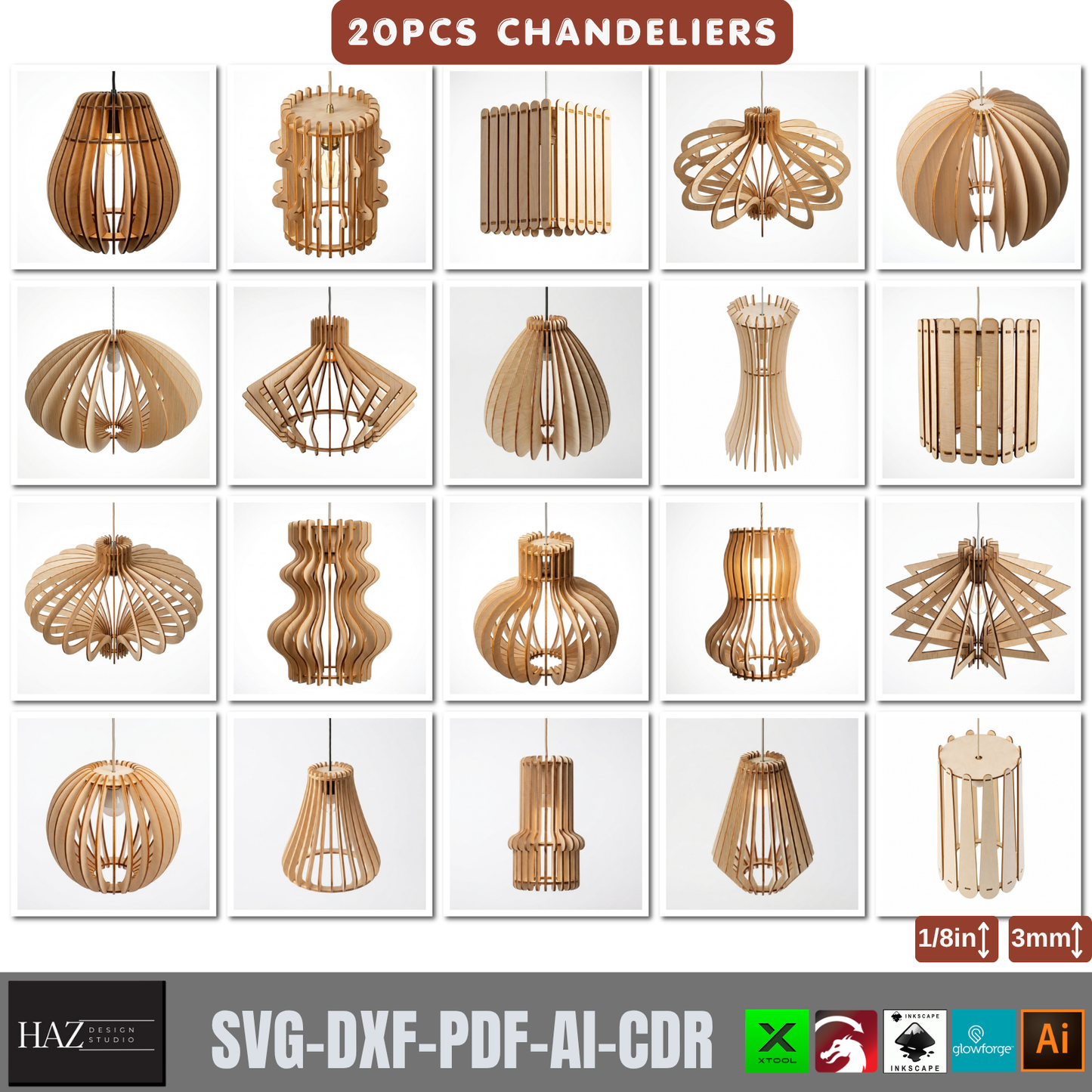 20 Piece Wooden Chandelier Pendant Lamp Laser Cut SVG Template Set Plywood 566