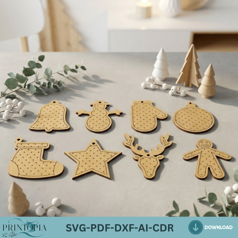 Christmas Ornament Set Holiday Tree Decor Wood Reindeer Snowman Gingerbread Svg 033