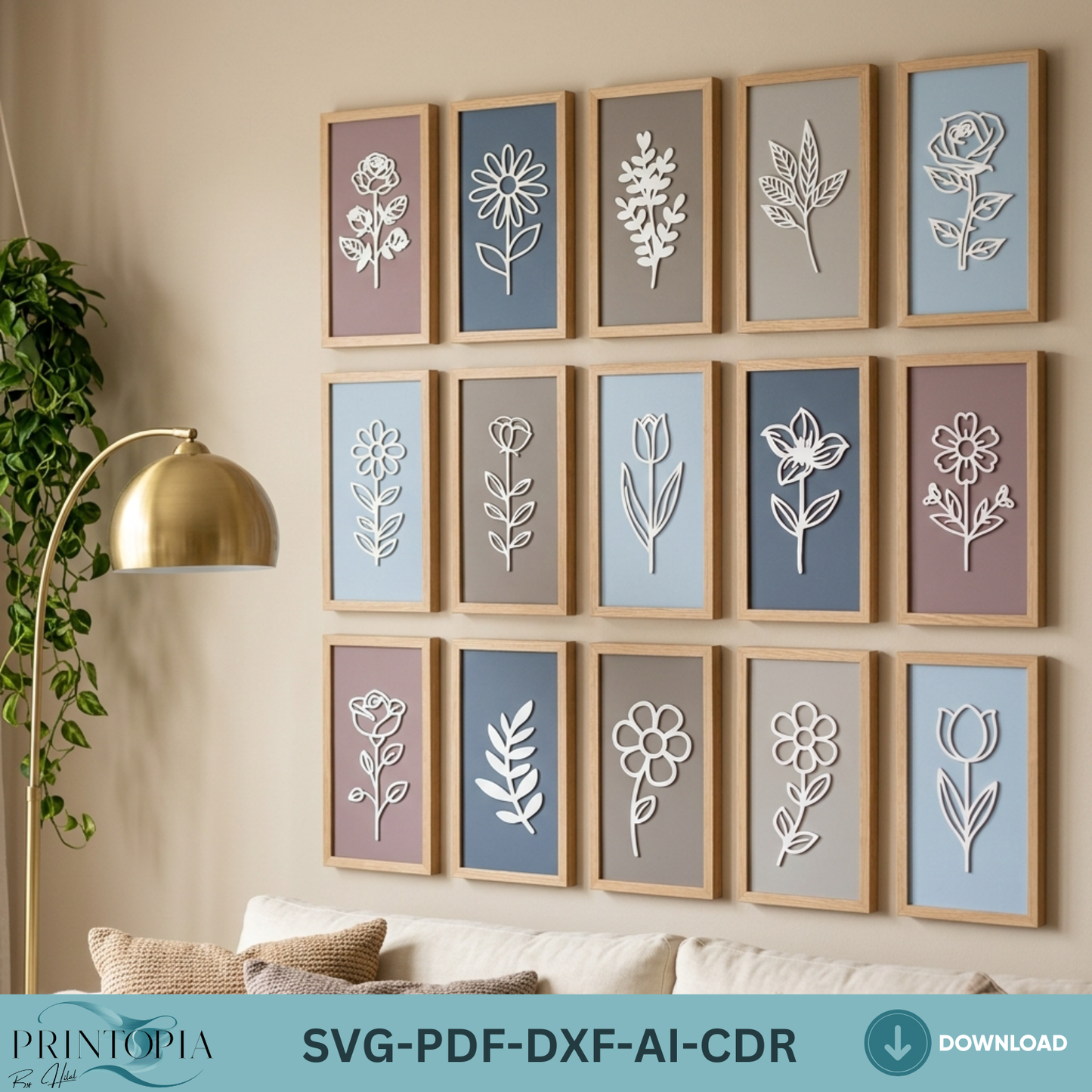 Floral Framed Wall Art Botanical Wood Sign Rose Tulip Leaf Plywood Gallery Wall Decor