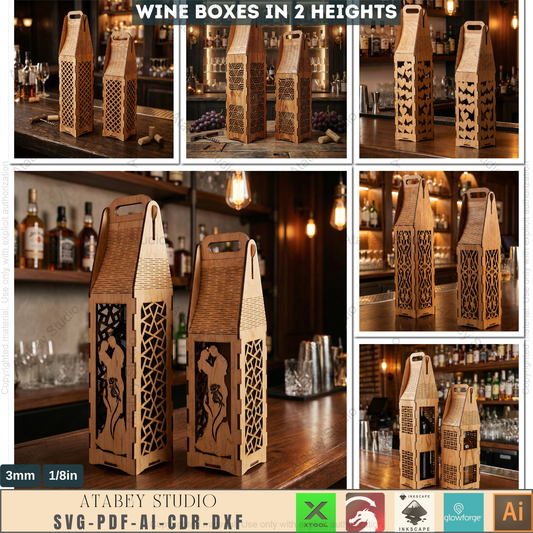 Laser Cut Wine Bottle Gift Box Bundle Wooden Wine Carrier with Handle DIY Elegant Wine Holder 986