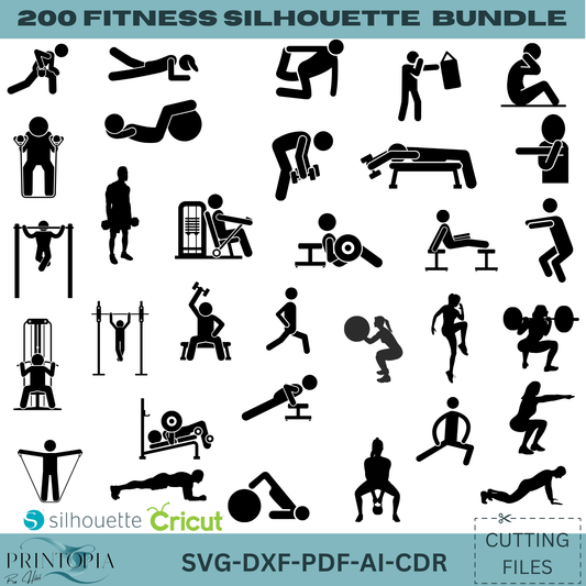 Gym & Workout Silhouette Bundle - 200 Editable svg, DXF, pdf AI, cdr Files for DIY Projects 178