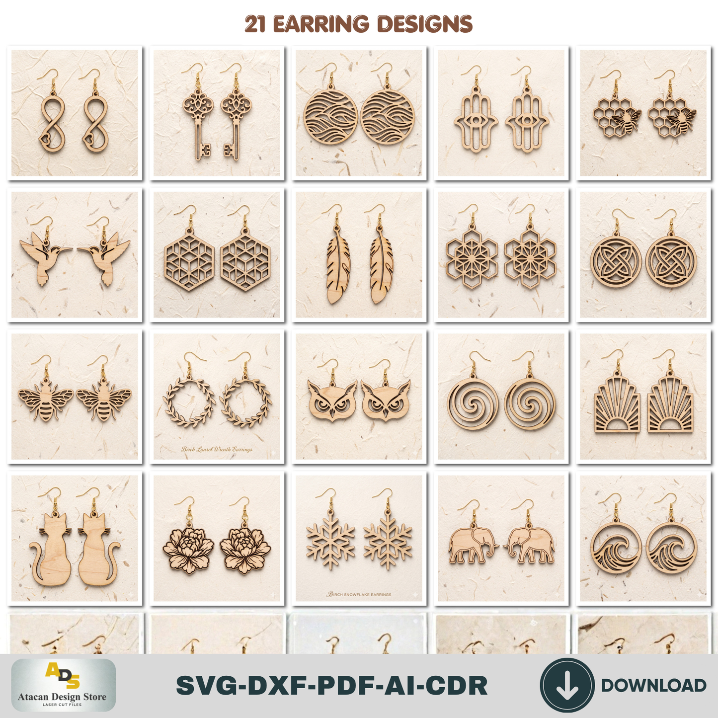 21 Wooden Earring SVG Bundle Laser Cut Jewelry Templates Glowforge DIY Wood Earrings Cutting Files