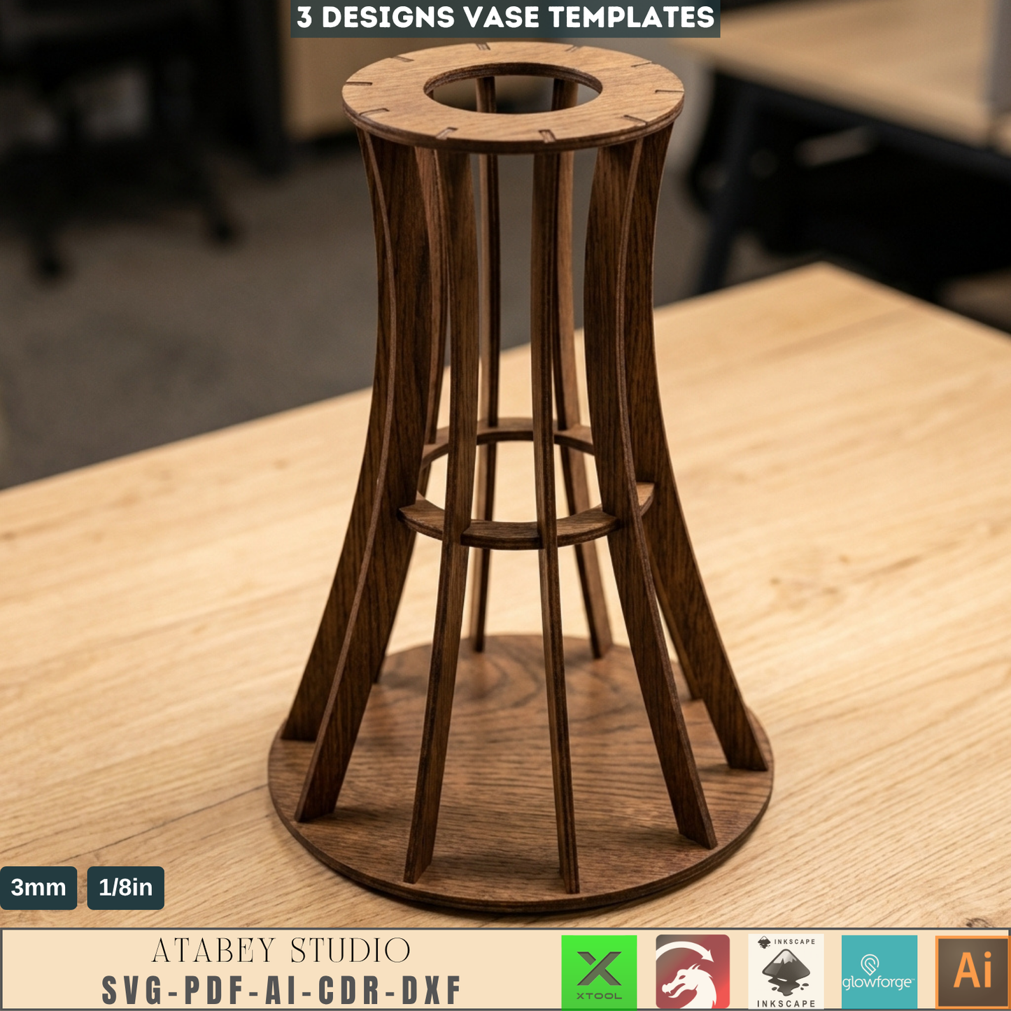 Wooden Vase Templates Set of 3 Slat Vase Designs Minimalist Table Decor Flower Stands 1002