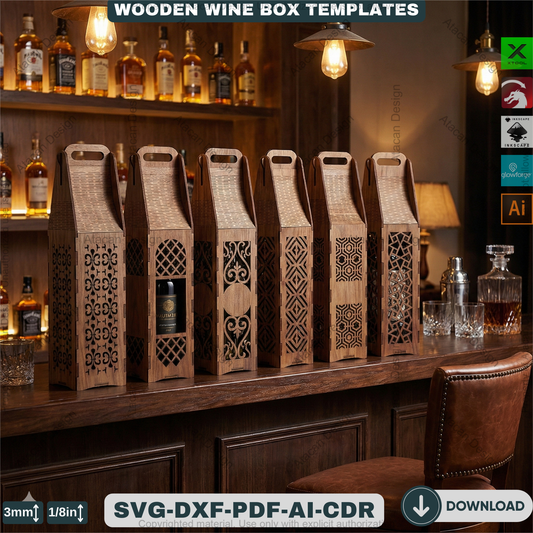 Laser Cut Wine Bottle Gift Box Bundle Wooden Wine Carrier Holder Pattern for Glowforge CNC Engraved Wine Box Plan 934
