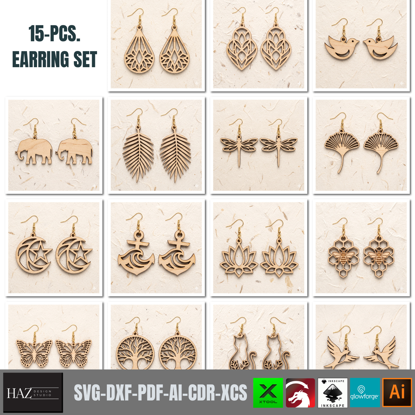 Wooden Earring Laser Cut Files Set Jewelry SVG Glowforge Plywood Templates Boho Nature Wood Designs