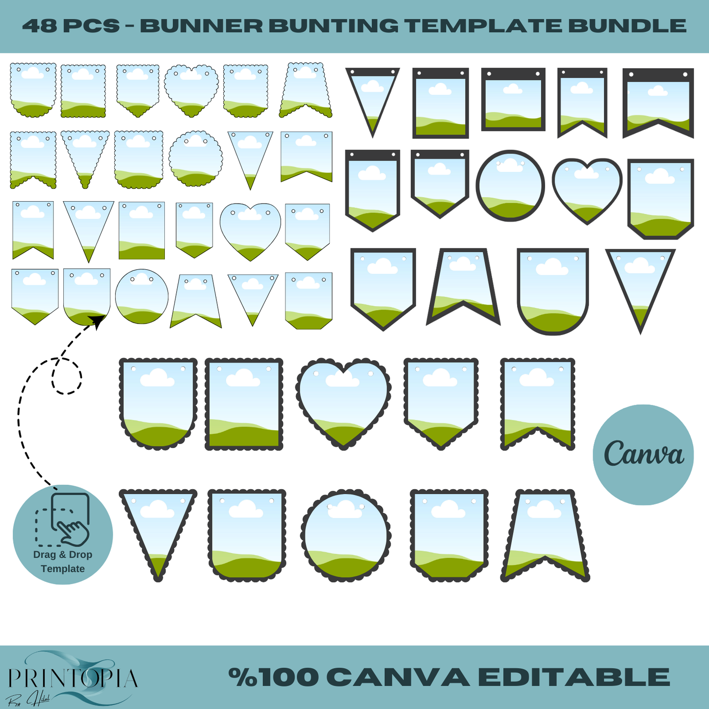 48 Banner Bunting Templates – Heart, Triangle, Scallop & More, Canva Ready, Perfect for DIY Party Decor Crafts 125