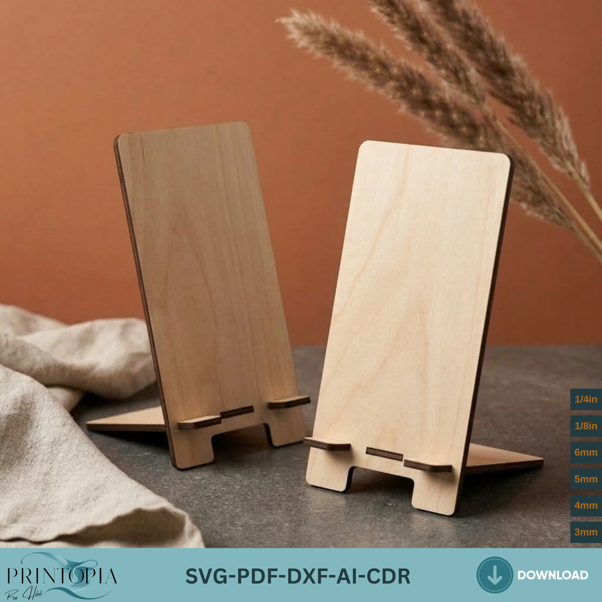 Laser Cut Phone Holder Template, Plywood Smartphone Display Stand, Wood Cell Phone Dock Gift Idea