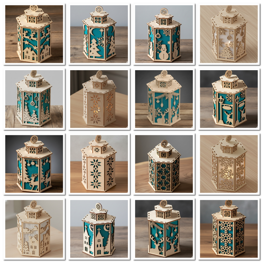 Laser Cut Christmas Lanterns – Wooden Tealight Holders -DIY Tabletop Lights - Set of Night Lights Decor - Holiday Winter Village Scene 903