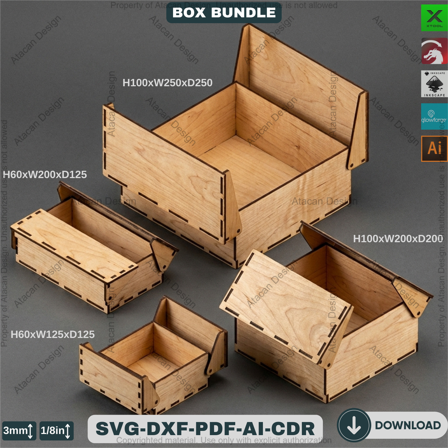 Laser Cut Wooden Storage Box Bundle Pattern Hinged Lid Keepsake Organizer Template 941