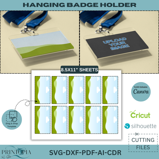 Hanging Badge Holder Template | svg DXF PDF ai CDR Files for Cricut & Silhouette | 8.5x11" Editable Canva Badge Design 168