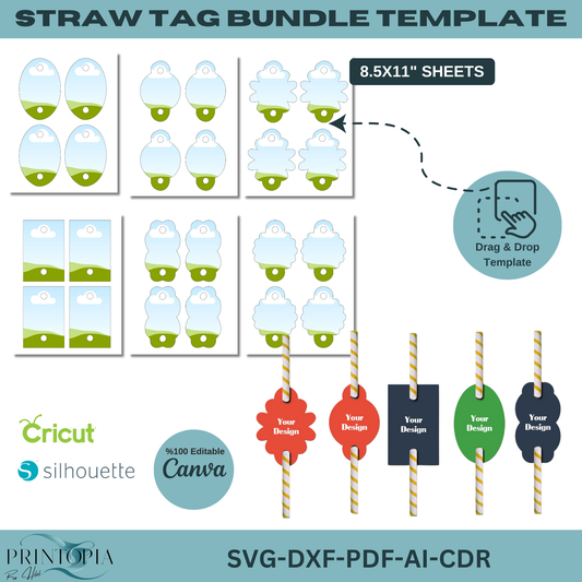 Customizable Straw tag bundle |svg PDF DXF ai CDR Files | Perfect for Canva, Cricut,  Silhouette Users 158