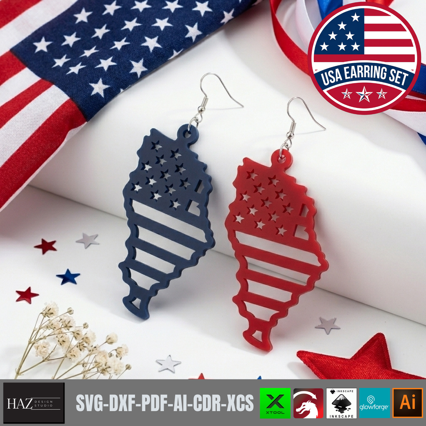 USA Flag Earring SVG Bundle, 4th of July Laser Cut File, Patriotic Acrylic Earring Template, Veteran Gift