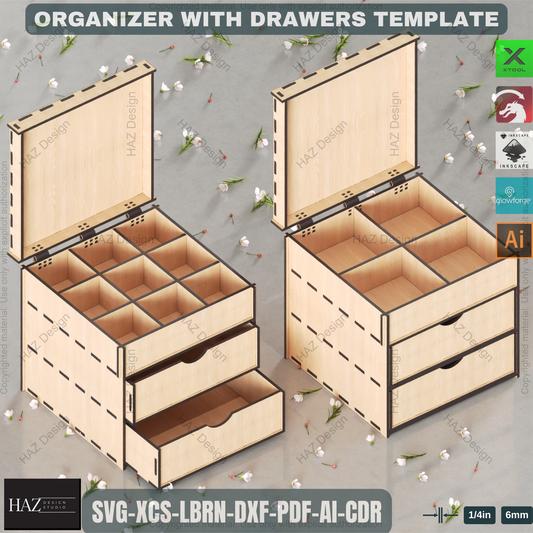 Laser Cut Organizer Box Plan with Drawers. Wooden Jewelry or Desk Storage Design 444
