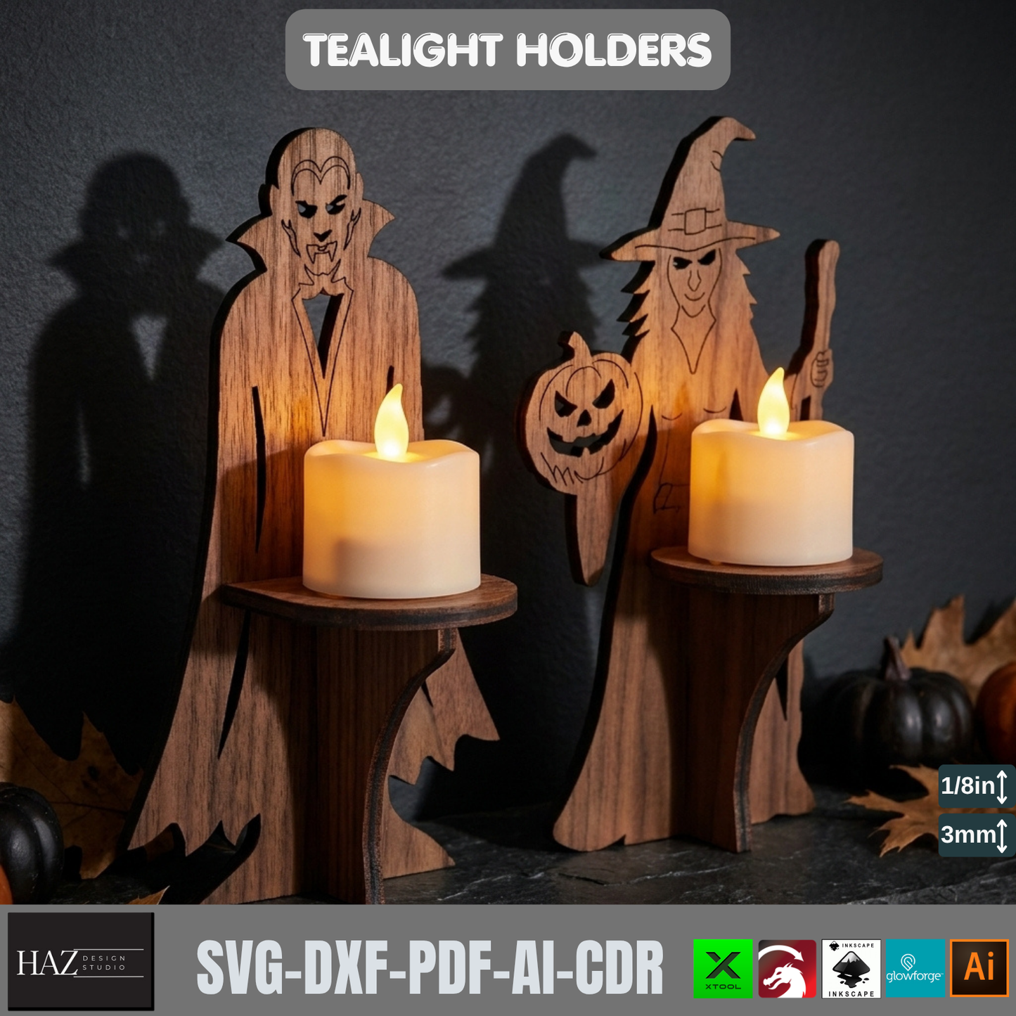 Halloween Tealight Holder Laser Cut Files Vampire Witch Candle Stand SVG 565
