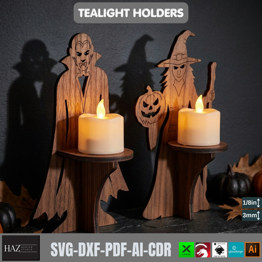 Halloween Tealight Holder Laser Cut Files Vampire Witch Candle Stand SVG 565