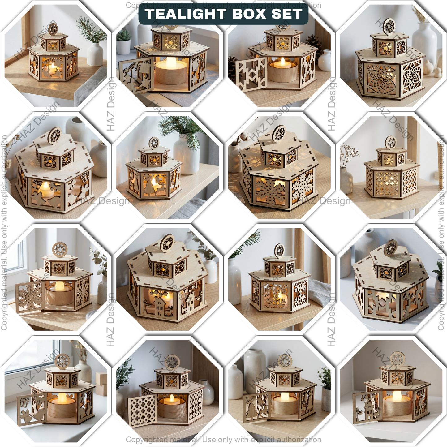 Festive Tealight Lanterns  – Christmas Candle Holder with Lid - Laser Cut Tabletop Decor - Tealight Box Lights 504