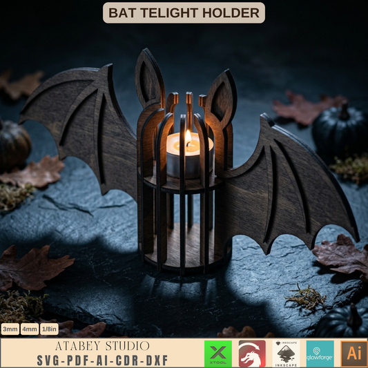 Halloween Bat Tea Light Holder Laser Cut File Wooden Lantern SVG Template