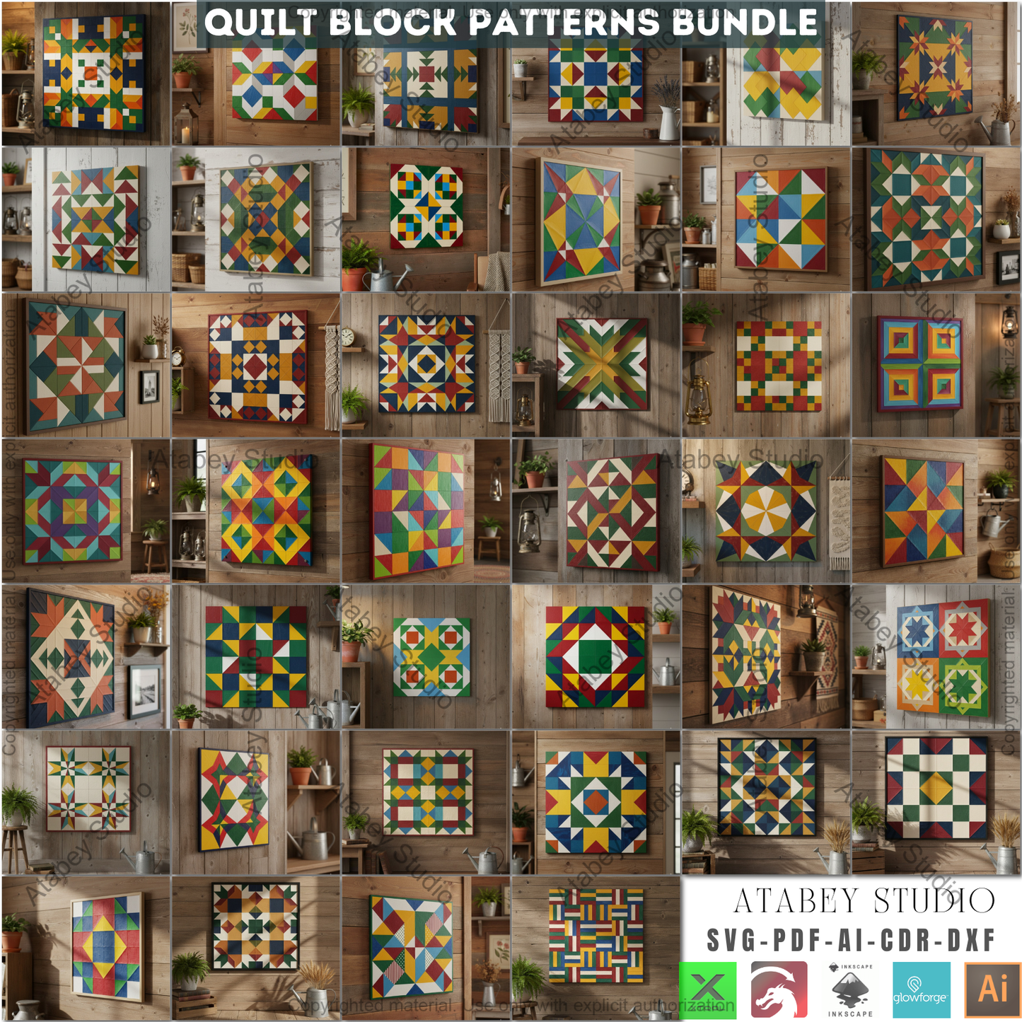 40 Unique Barn Quilt Block Patterns, DIY Quilt Square Designs, Farmhouse Decor SVG Files, Laser Cut Ready Templates 969