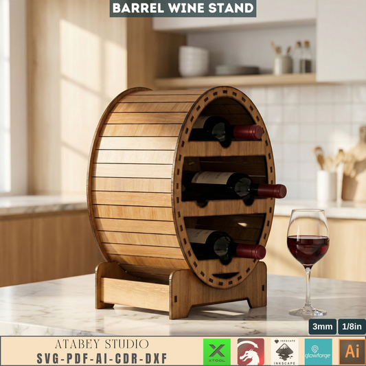 Barrel Wine Rack Laser Cut Plan, Wooden Bottle Holder Template, DIY Rustic Home Bar Decor, Tabletop Wine Stand Design 983