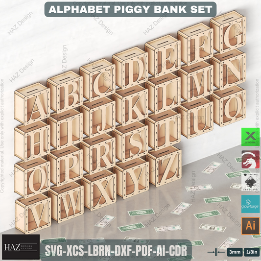 Alphabet Piggy Bank Laser Files | A-Z Letter Money Box Set | DIY Kids Gift & Nursery Decor Plan 446