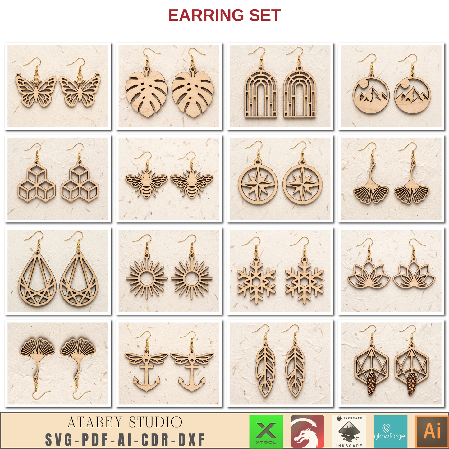 Wooden Bee Butterfly Leaf Earring Templates for Laser Cut Jewelry DIY Plywood Pattern Bundle
