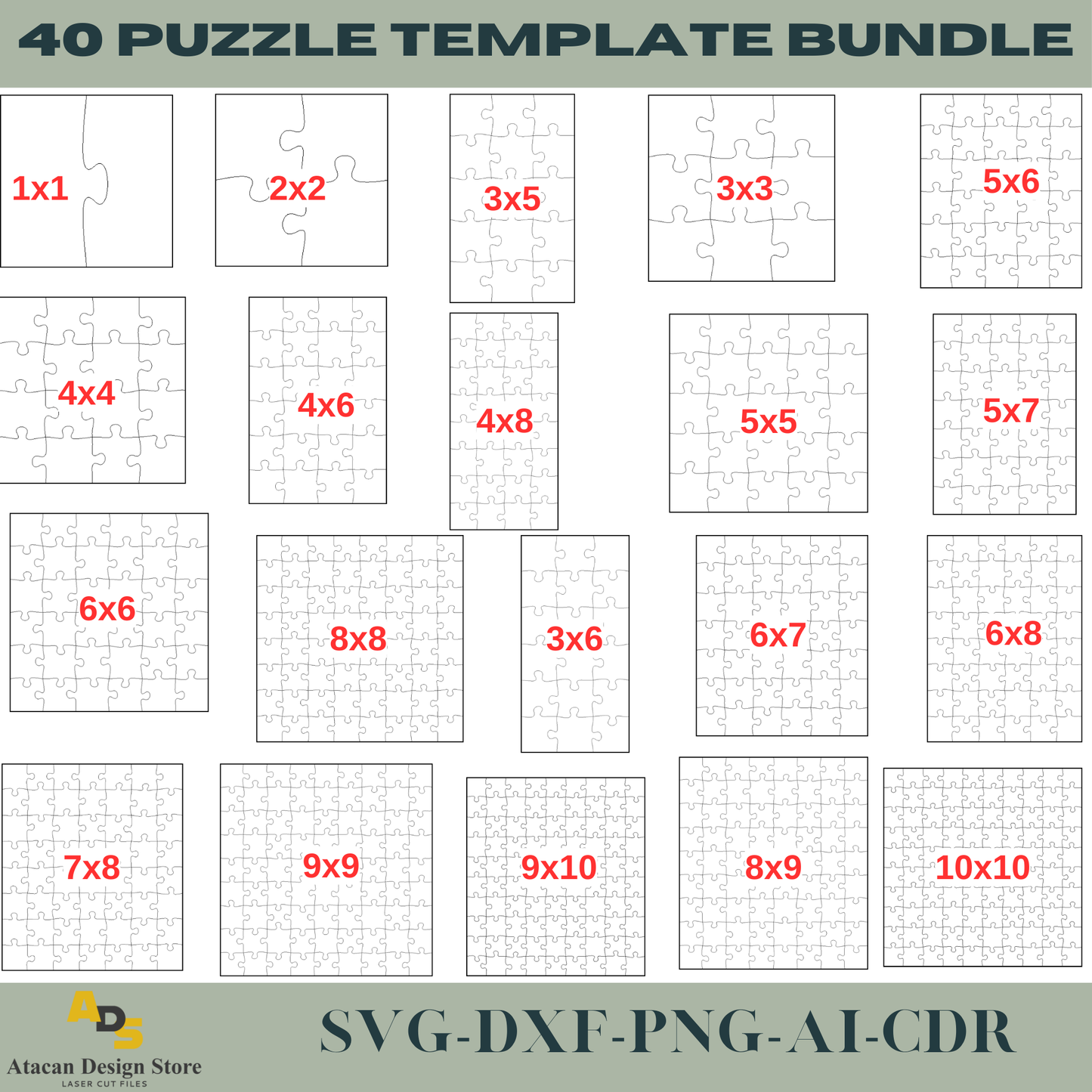 Jigsaw Puzzle Templates Bundle, 40 Sizes from 1x1 to 50x60 - Puzzle Cutting Files, Puzzle Laser SVG File, Digital Download 727