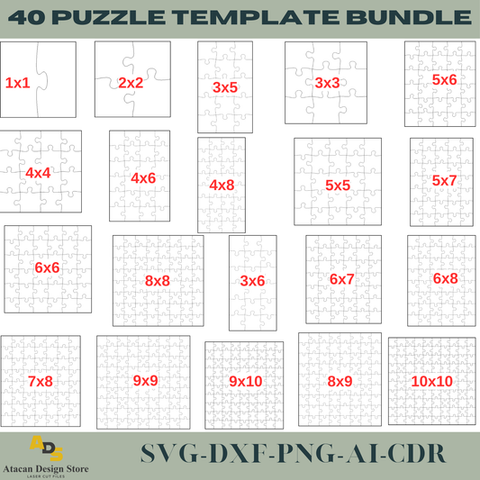 Jigsaw Puzzle Templates Bundle, 40 Sizes from 1x1 to 50x60 - Puzzle Cutting Files, Puzzle Laser SVG File, Digital Download 727