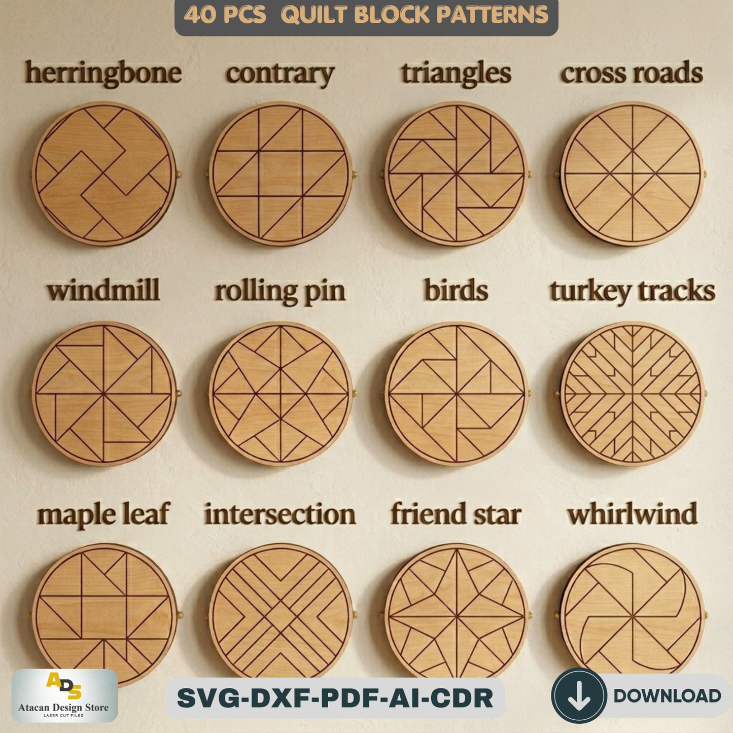 40 Round Quilt Block Patterns for Laser Cutting Geometric Wood Wall Art Designs 548