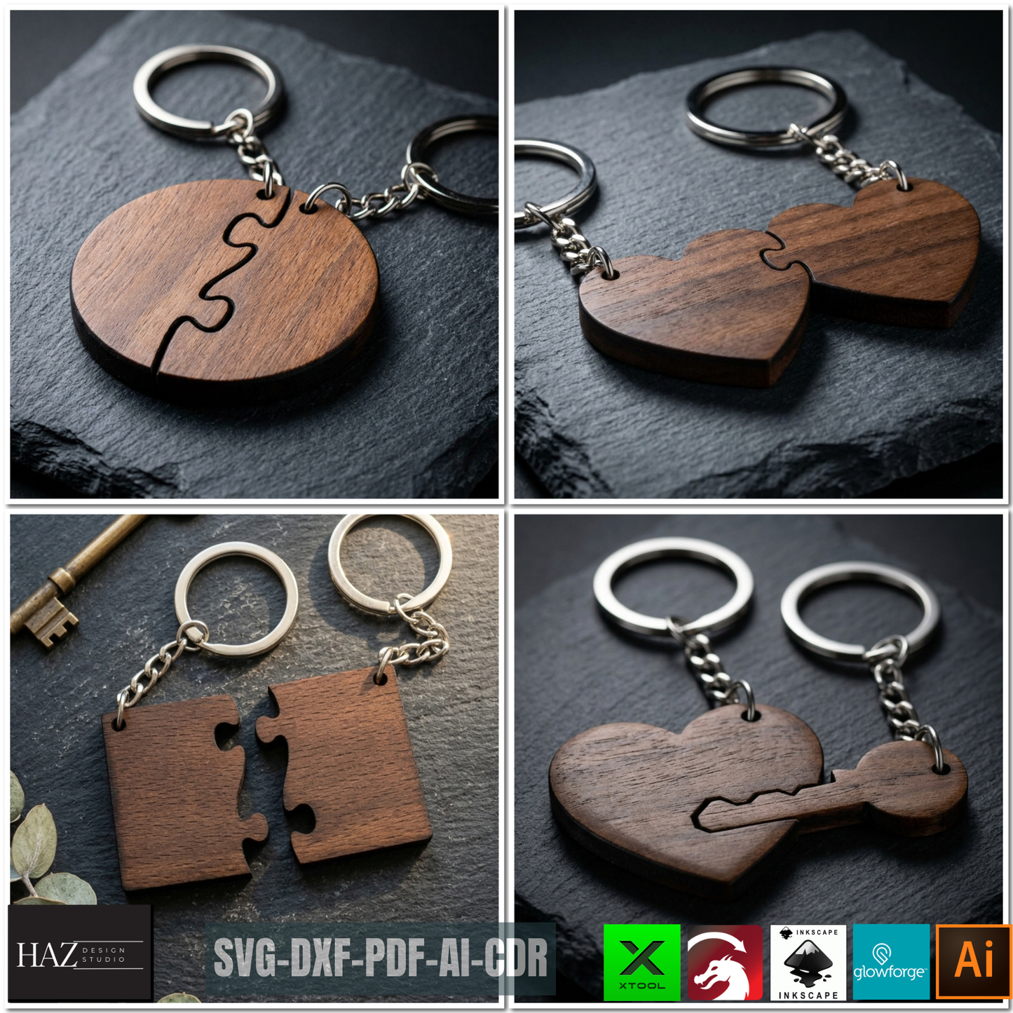 Puzzle Piece Keychain for Couples Heart Round Rectangle Key Heart Designs DIY Anniversary Gift